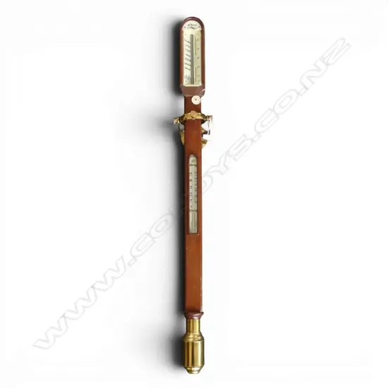 MID / LATE 20thC 'ST. JAMES' mahogany & brass GIMBALLED STICK BAROMETER w thermometer. L.910mm