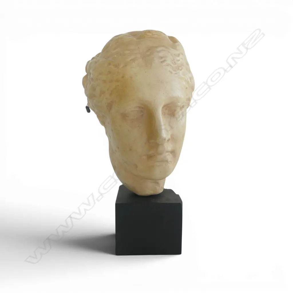 VINTAGE CERAMIC marble carved style GRECIAN HEAD on ebonised block base w brass rod. H.370mm. Metal tag to ear Image 1++