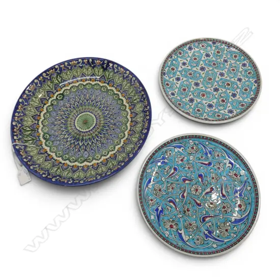 3 DECORATIVE GLAZED PLATES; TWO 16th CENTURY DESIGN Dia.320mm