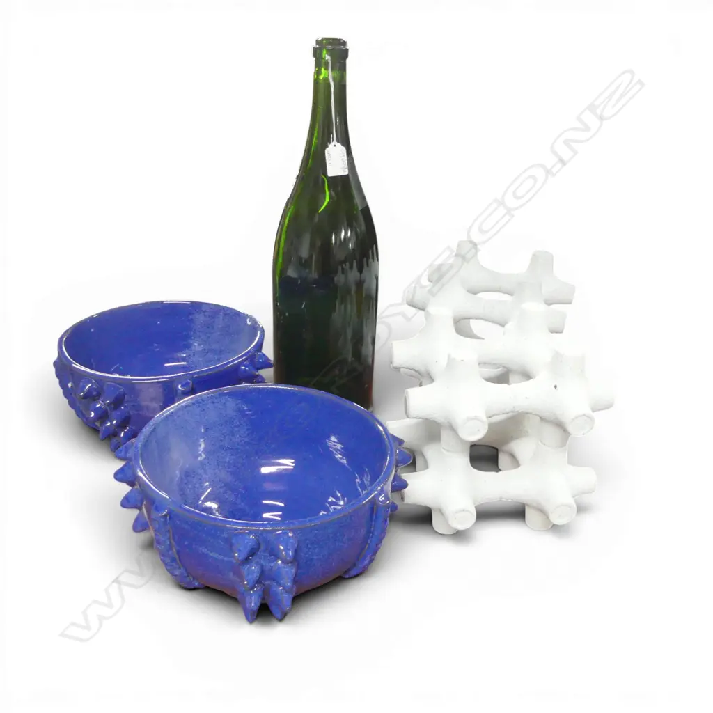 5 PCES; PR BLUE GLAZED BOWLS 260mm dia, PR VASES, LG GREEN GLASS BOTTLE H450mm Image 1++