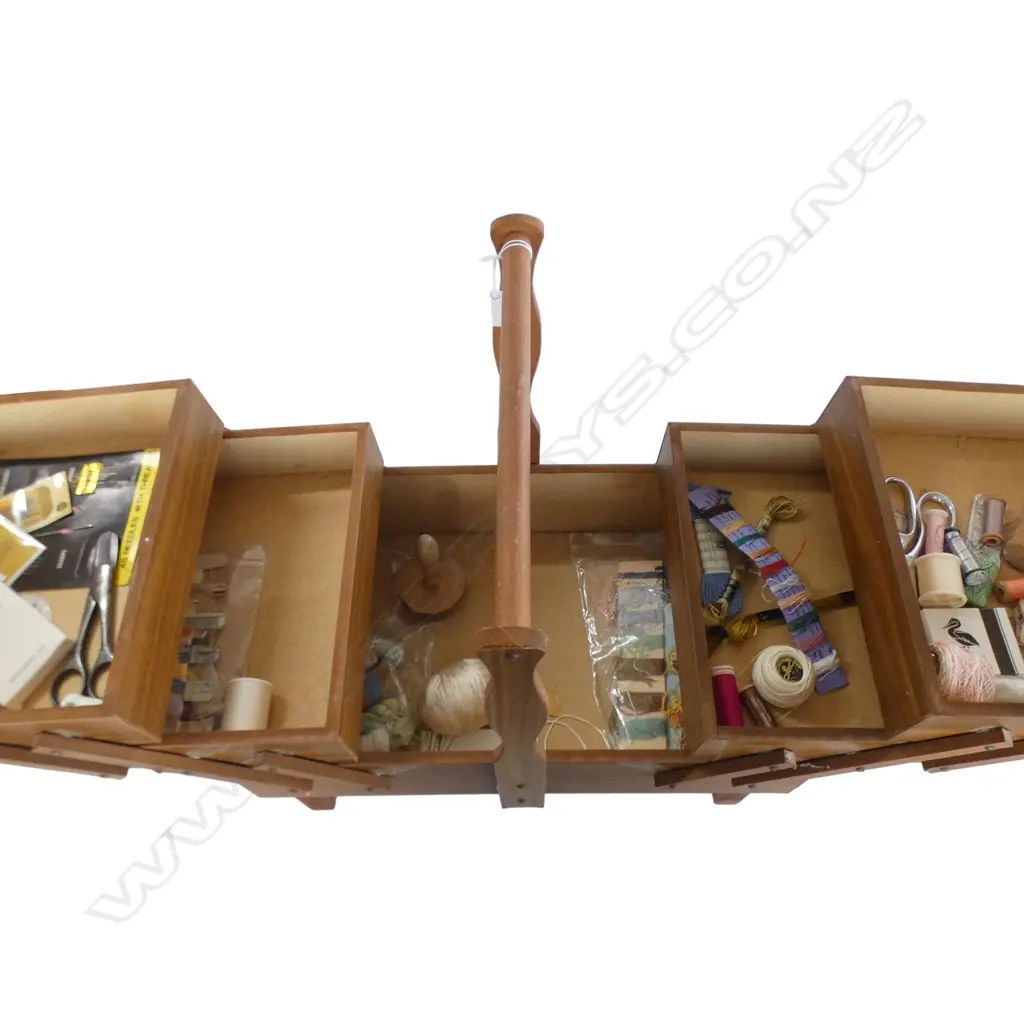 WOODEN SEWING BOX w. ASST. CONTENTS Image 1++