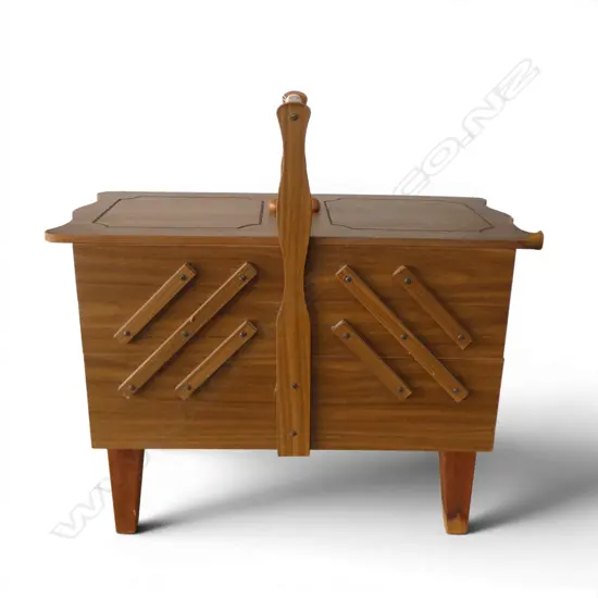 WOODEN SEWING BOX w. ASST. CONTENTS
