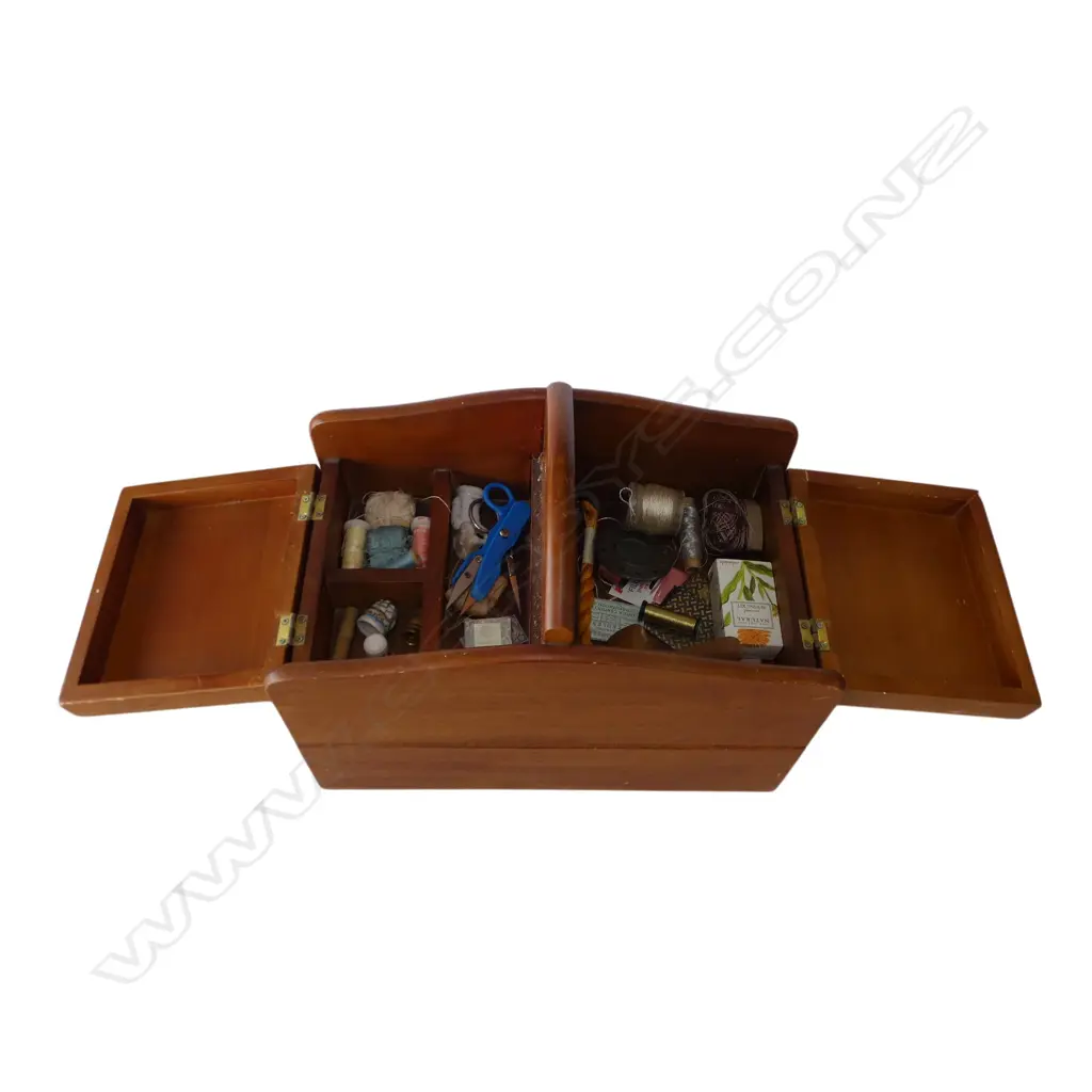 WOODEN SEWING BOX w. ASST. CONTENTS Image 1++