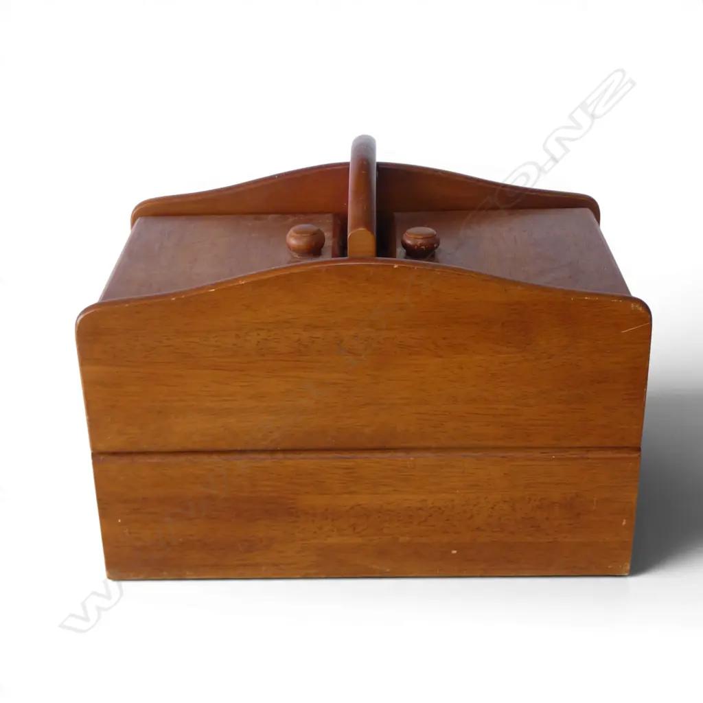 WOODEN SEWING BOX w. ASST. CONTENTS Image 1++
