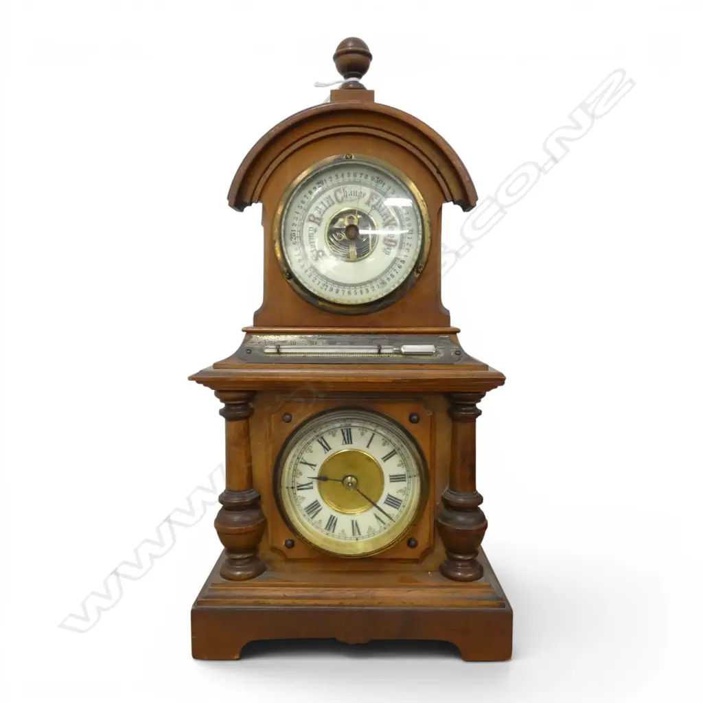 WOODEN CASED 2 GAUGE CLOCK & BAROMETER w. THERMOSTAT H.350mm Image 1++