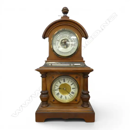 WOODEN CASED 2 GAUGE CLOCK & BAROMETER w. THERMOSTAT H.350mm