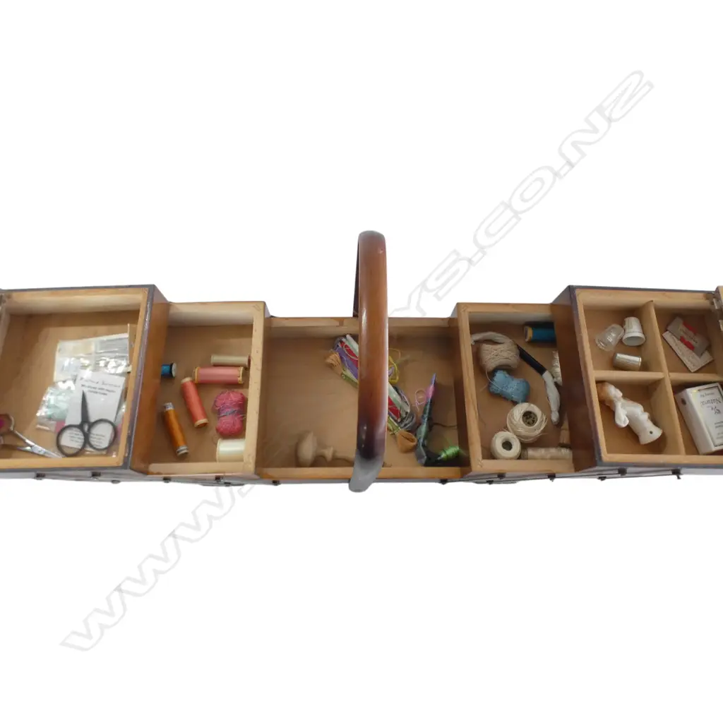 WOODEN SEWING BOX w. ASST. CONTENTS Image 1++