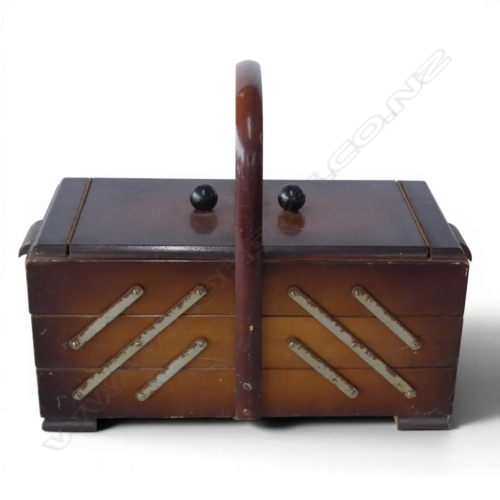 WOODEN SEWING BOX w. ASST. CONTENTS Image 1++
