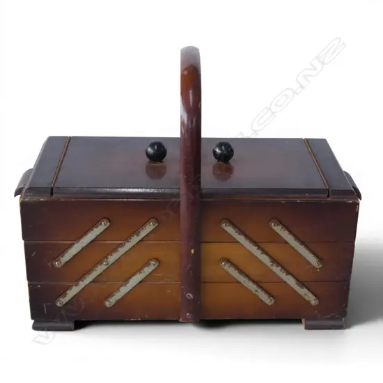 WOODEN SEWING BOX w. ASST. CONTENTS
