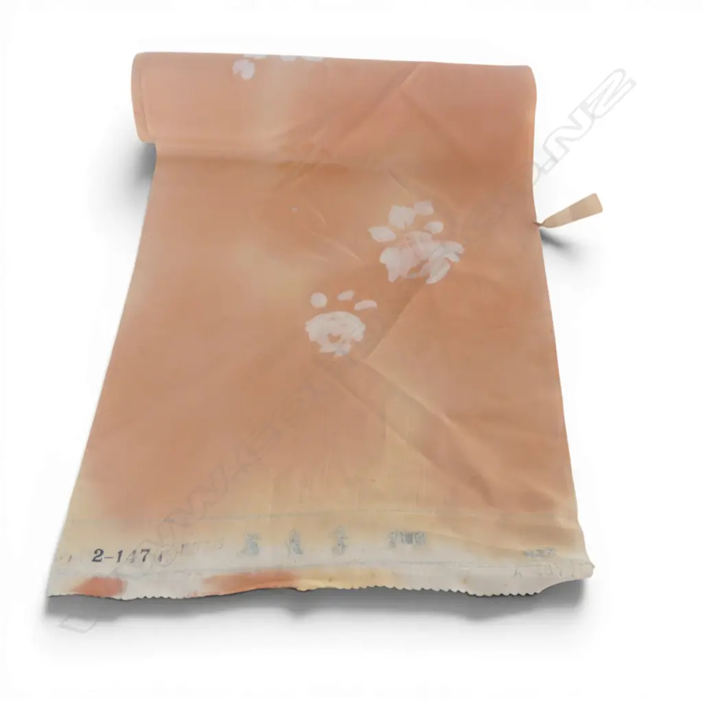 Unused 1980's NISHIJIN TEXTILE (Kyoto) JAPANESE peach floral pat. SILK ROLL L.12M W.370mm. New old stock... Image 1++
