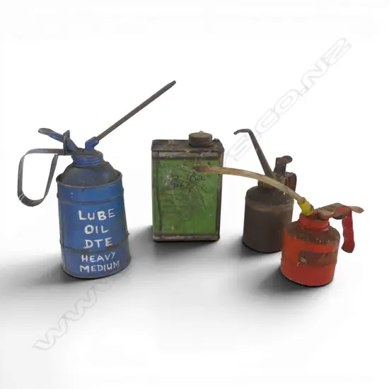 3 OIL CANS + LINSEED OIL TIN