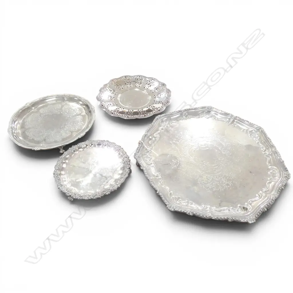 3 SILVER PLATED SALVER + PIERCED TRAY largest W.365mm Image 1++