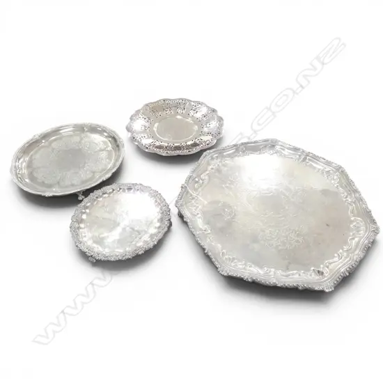 3 SILVER PLATED SALVER + PIERCED TRAY largest W.365mm