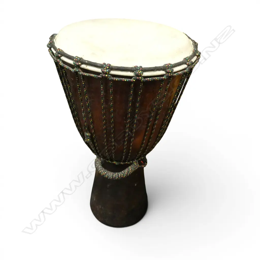 BONGO DRUM of turned wood with cord binding + handle & skin cover. Working. H.600mm Image 1++