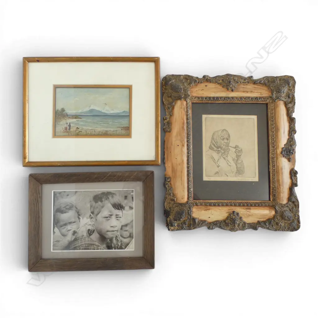 STUART PETERSON 'SMOKE' ETCHING 1931 20/50 130x110mm, PHOTO OF MAORI BOY, E. BESWICK LAKE TAUPO OIL 90x140mm Image 1++