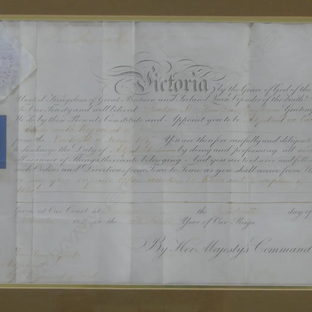 2 FRAMED MID 19thC APPOINTMENT CERTIFICATES FOR THEODORE HAULTAIN, ADJUTANT 39th REGIMENT 225x330mm / 410x870mm overall Image 1++