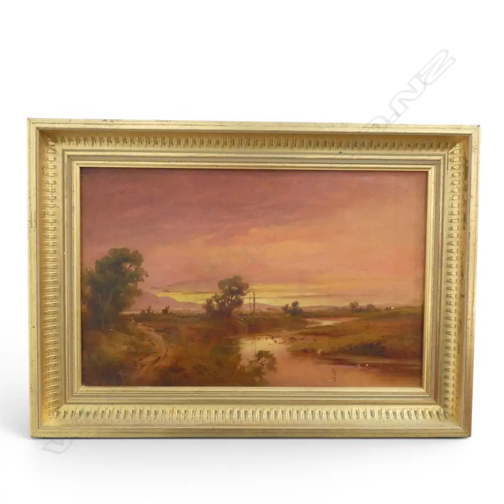 H.W. KIRKWOOD, SUNSET LANDSCAPE, OIL ON BOARD, SIGNED, 185x290mm Image 1++