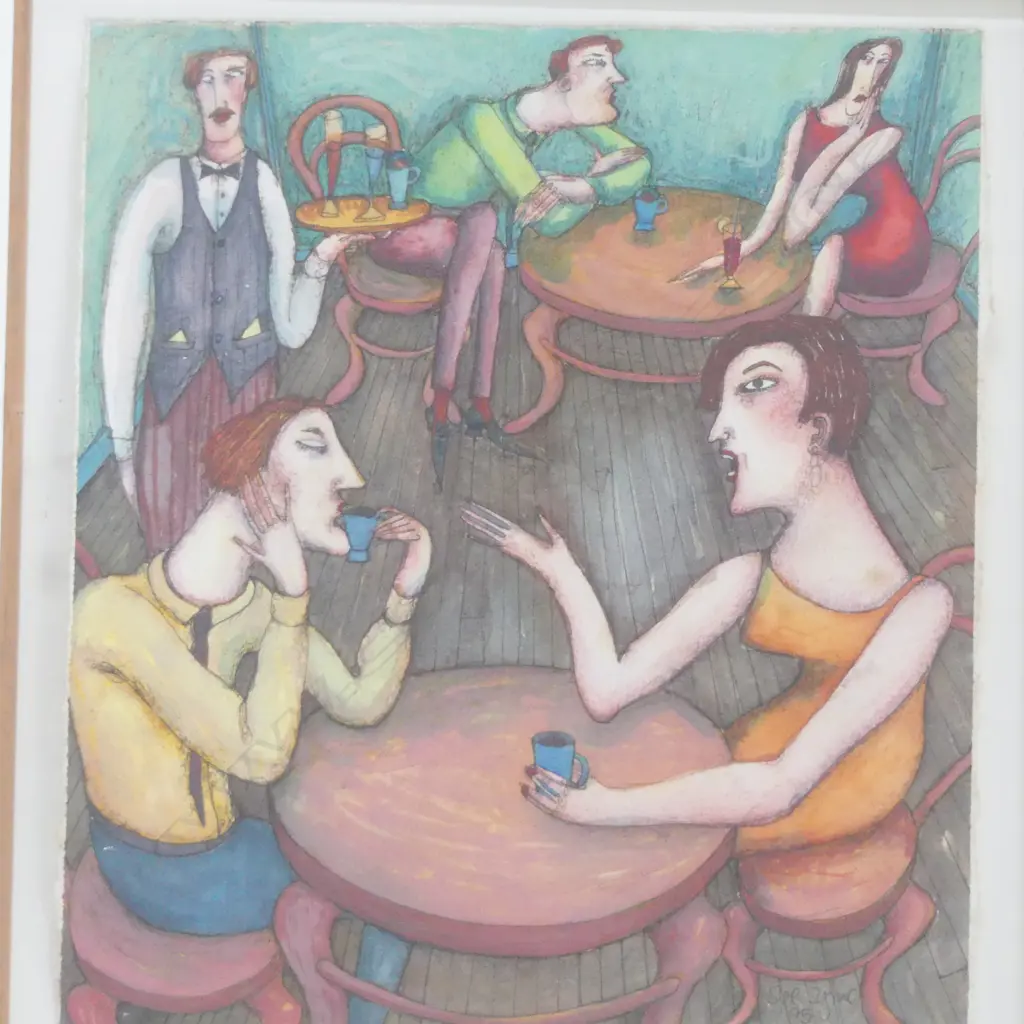 SUE SYMES, CAFE SCENE, ACRYLIC ON PAPER, SIGNED & DATED '95 265x230mm  Image 1++