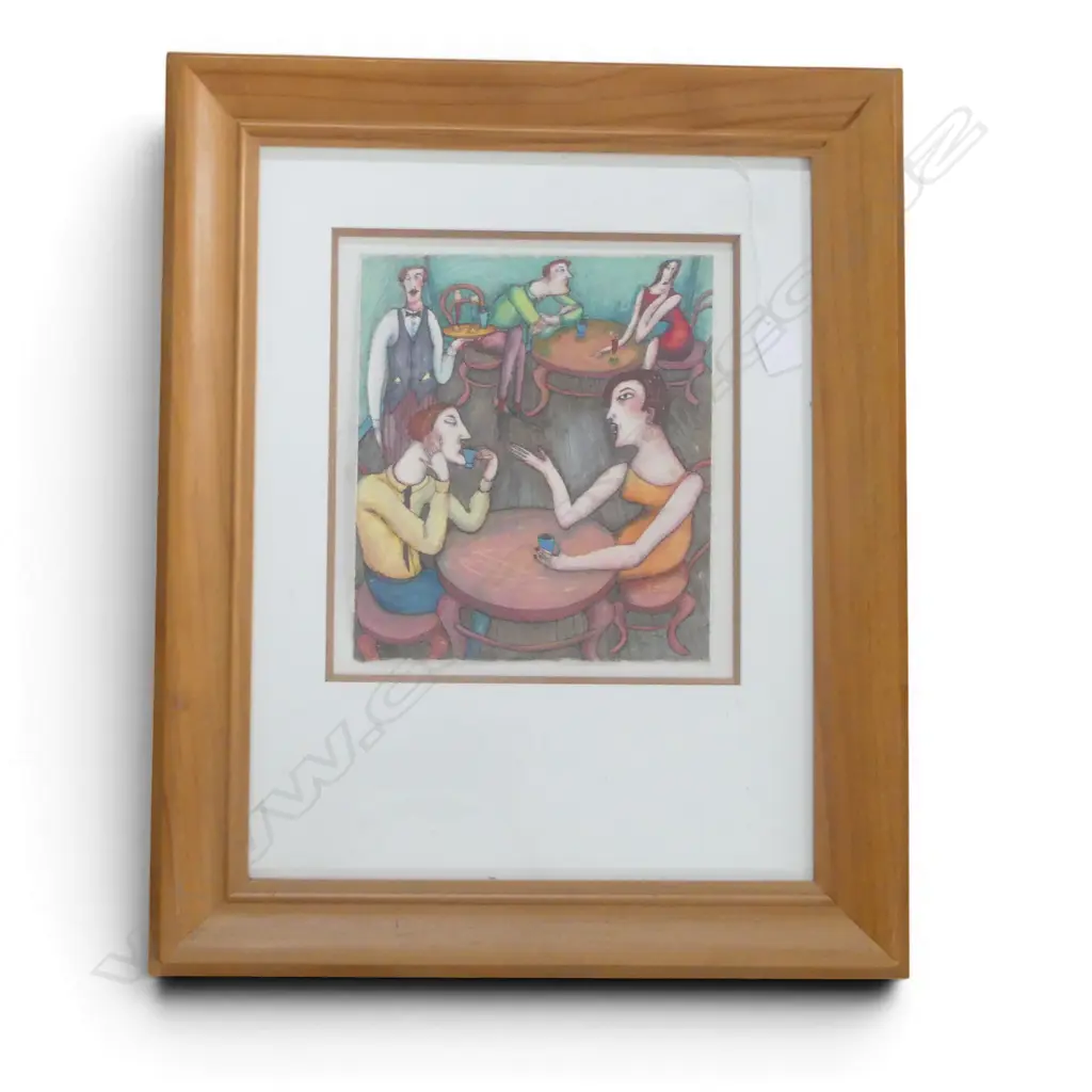 SUE SYMES, CAFE SCENE, ACRYLIC ON PAPER, SIGNED & DATED '95 265x230mm  Image 1++
