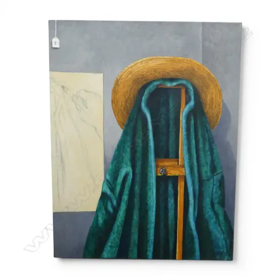 ROGER STAPLES, 'HAT, GOWN, EASEL AND DRAWING' 1991, OIL ON CANVAS, 930 X 720mm