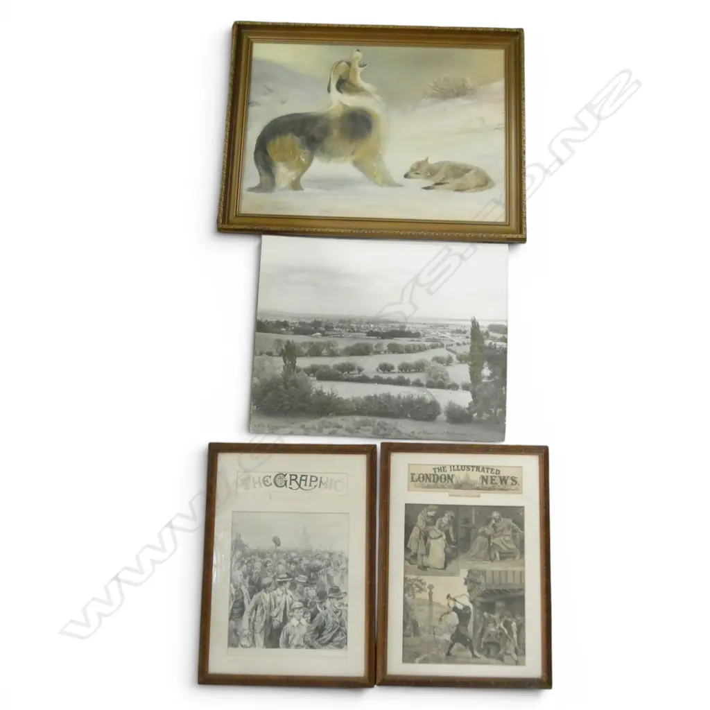 E. M. MARTIN, DOG & LAMB IN SNOW, ACRYLIC 1980 390x545mm, 2 FRAMED PAGES ILLUSTRATED LONDON NEWS AF, VIEW OF RICHMOND NZ Image 1++