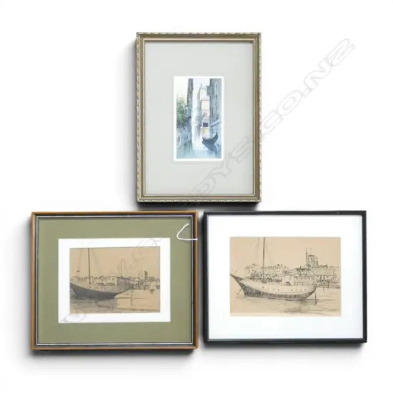A. J SELWOOD, PAIR OF MARINE STUDIES, INK ON PAPER, 140 X 200mm PLUS A WATERCOLOUR OF VENICE, 180 x 100MM