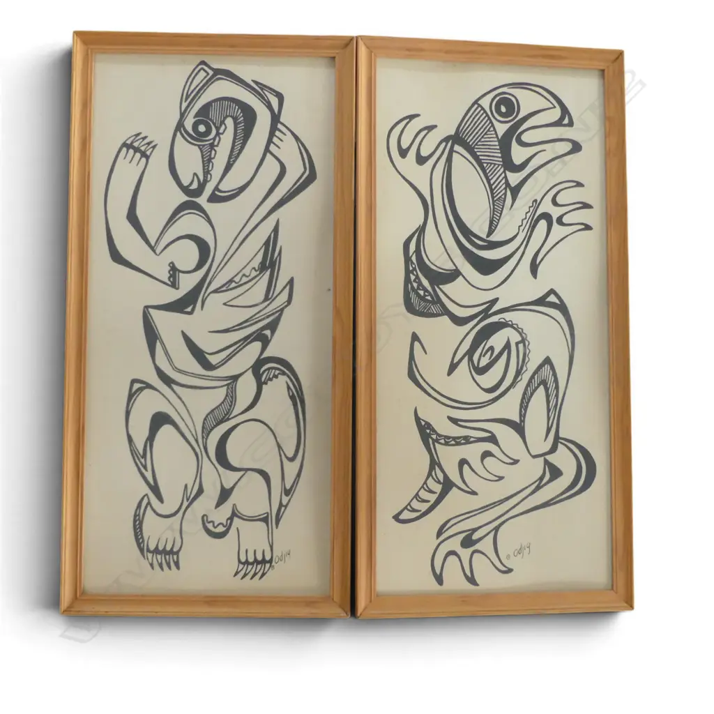2 NATIVE CANADIAN 'ODJIG' PRINTS, TURTLE SPIRIT & OTHER, 570x255mm Image 1++