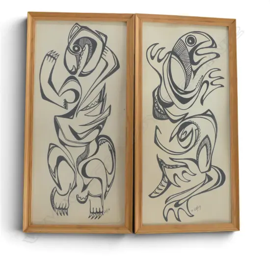 2 NATIVE CANADIAN 'ODJIG' PRINTS, TURTLE SPIRIT & OTHER, 570x255mm