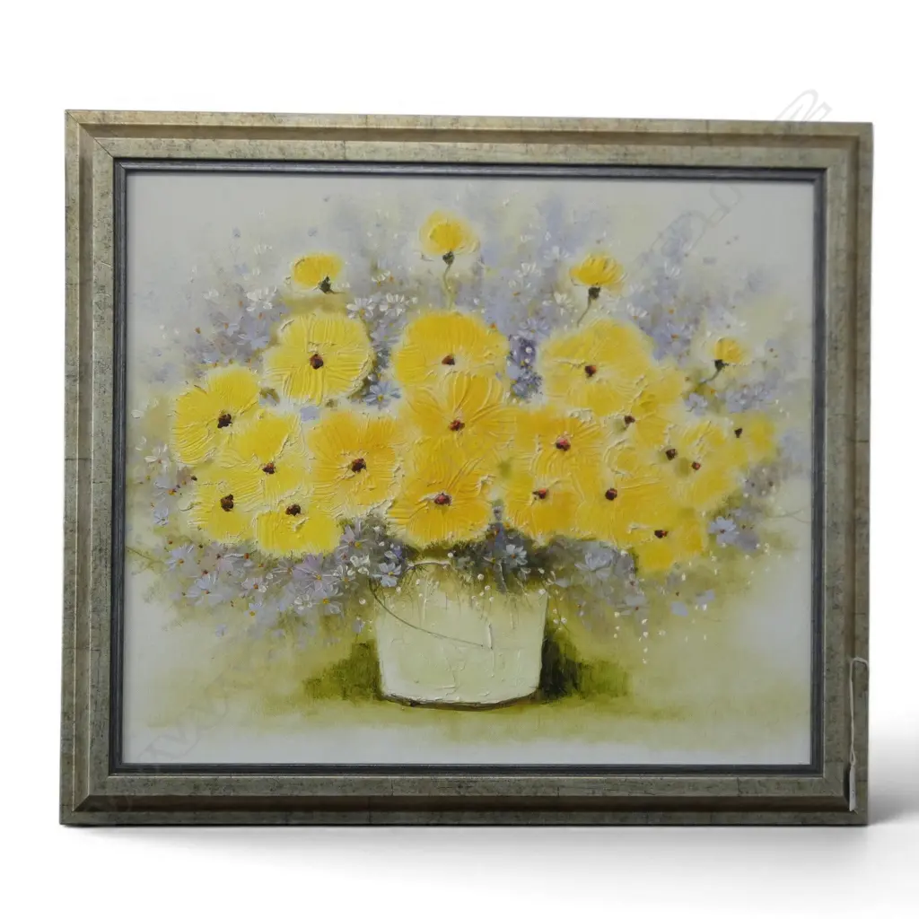 ACRYLIC PAINTING artist unknown yellow floral still life. 440 x 520mm Image 1++