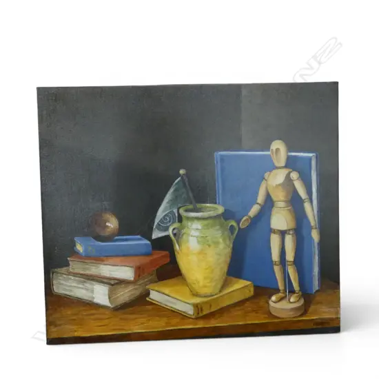 ROGER STAPLES, 'BOOKS, VASE AND FIGURES', OIL ON CANVAS, 615 X 710mm