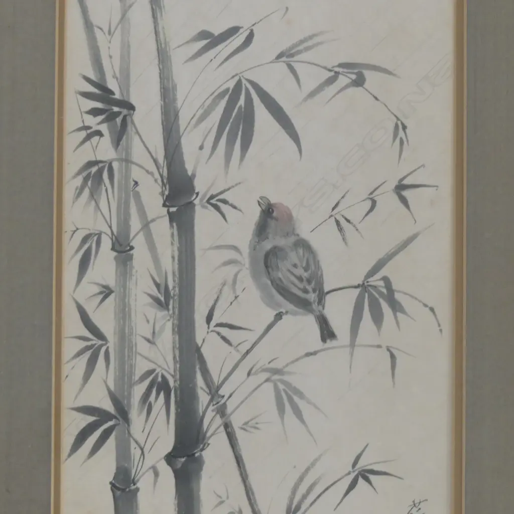 ORIENTAL ARTWORK, BIRD IN BAMBOO 450x200mm Image 1++