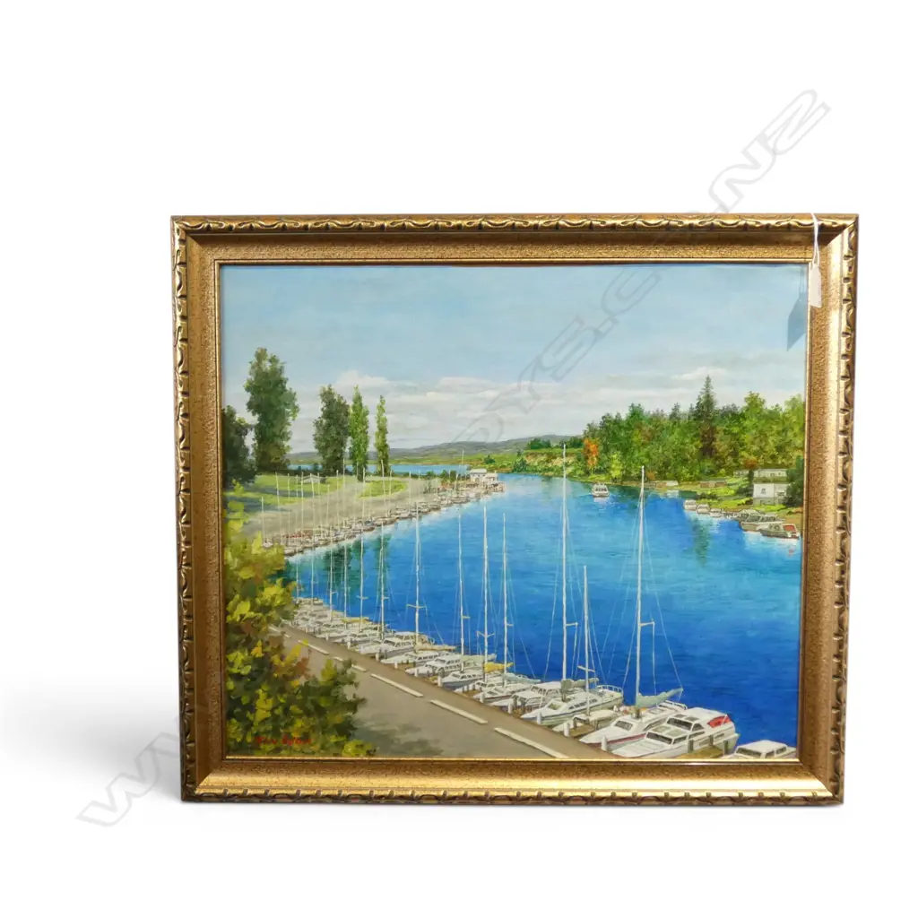 JIN WON ACRYLIC PAINTING Lake Taupo river mouth scene with moored boats 445 x 520mm Image 1++