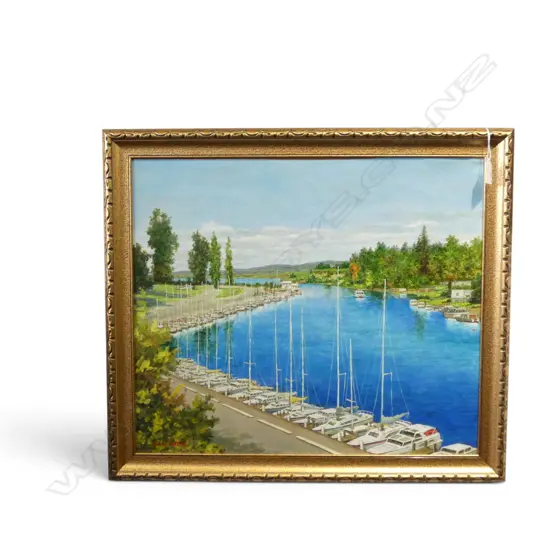 JIN WON ACRYLIC PAINTING Lake Taupo river mouth scene with moored boats 445 x 520mm