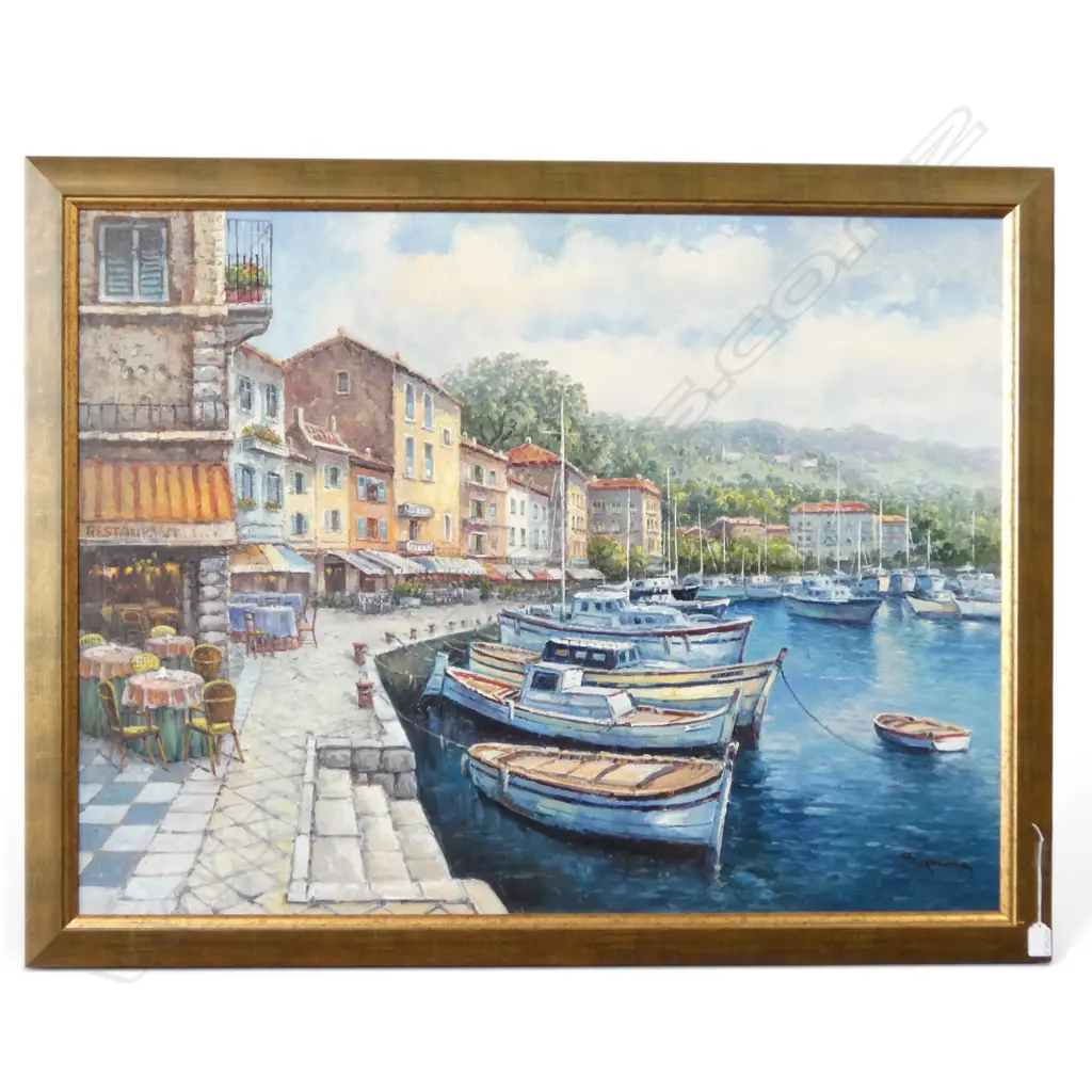 B YOUNG ACRYLIC PAINTING EUROPEAN COASTAL SCENE w boats 760 x 1000mm Image 1++