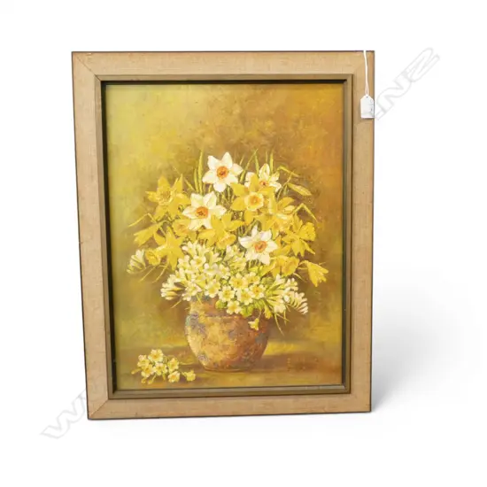 YELLOW SPRING FLORAL STILL LIFE OIL ON BOARD INTIALLED 'EWH' 485x370mm