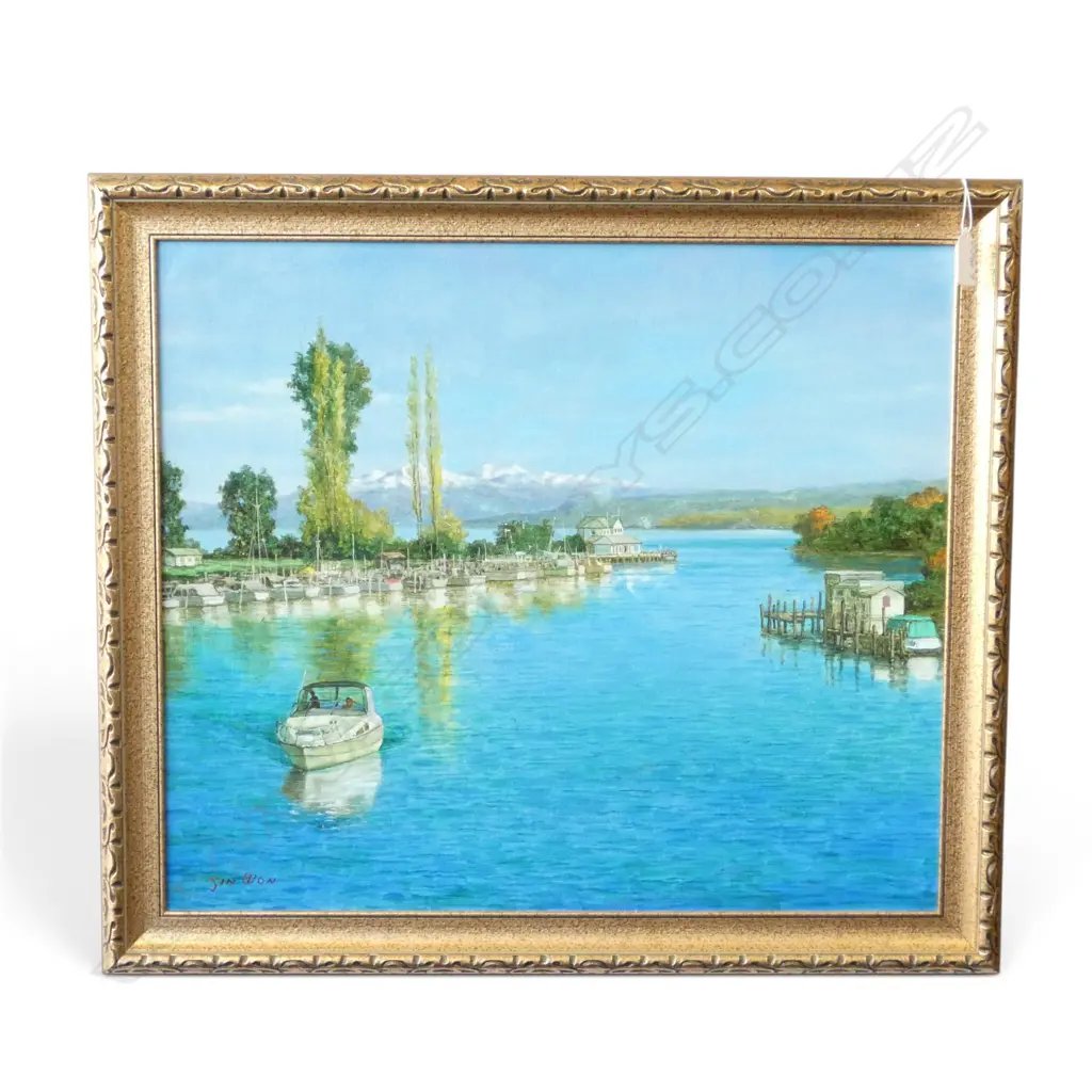 JIN WON ACRYLIC PAINTING  Lake Taupo river mouth scene with moored boats & Ruapehu w snow 445 x 520mm Image 1++