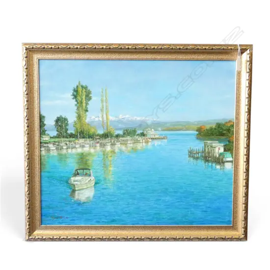 JIN WON ACRYLIC PAINTING  Lake Taupo river mouth scene with moored boats & Ruapehu w snow 445 x 520mm