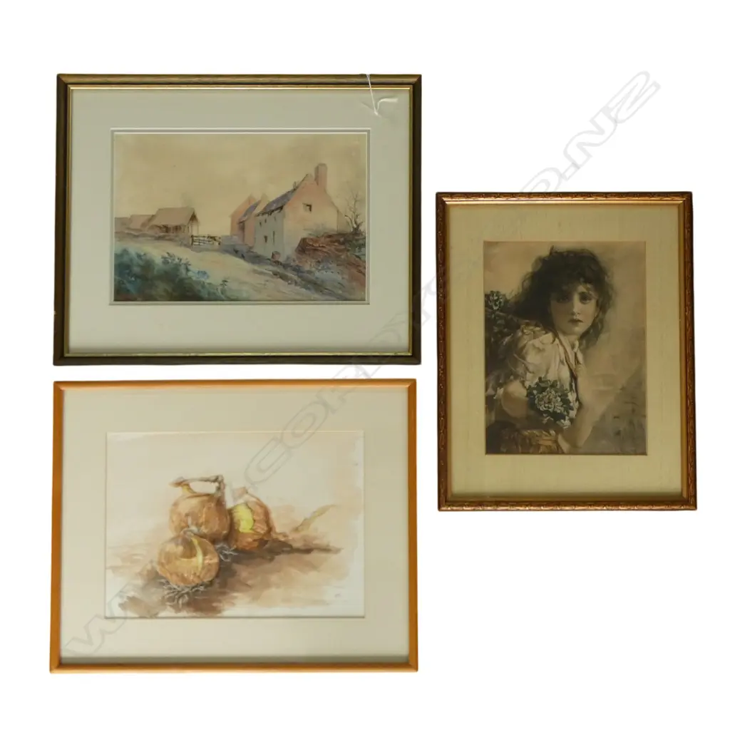 3 ARTWORKS; FARM BUILDINGS SIGNED WC 215x320mm, ONIONS WC, PRINT OF GIRL Image 1++