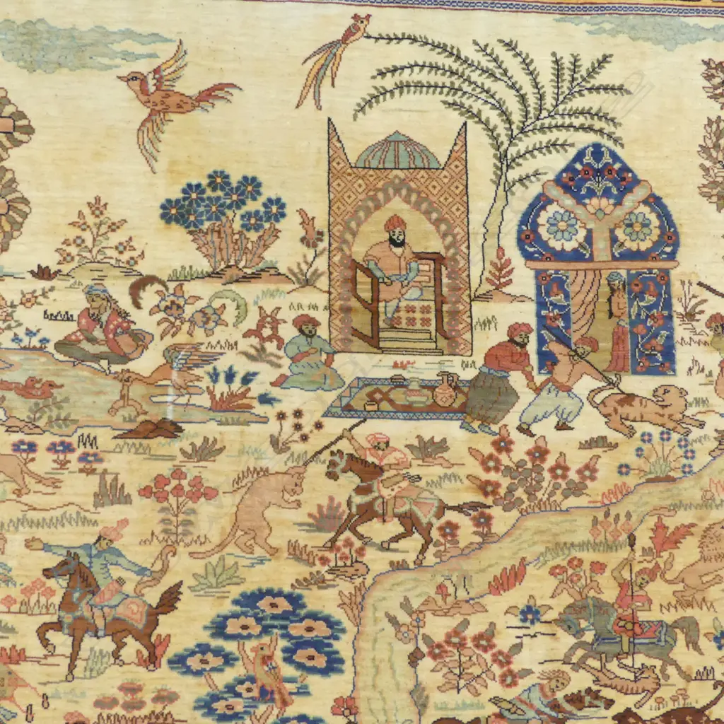 SILK RUG hunting scene, damage lower left 640x710mm Image 1++