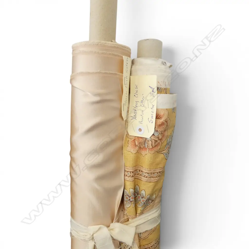 2 FABRIC BOLTS; YARDLEY CHASE COTTON 5M, BLUSH PINK SATIN 12M Image 1++