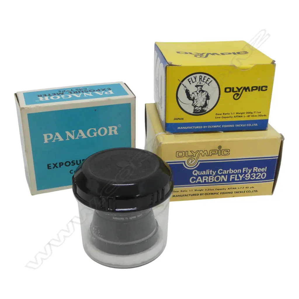 2 AS NEW BOXED OLYMPIC FISHING REELS  PANAGOR EXPOSURE METER  & ZEISS 35MM CAMERA LENS  Image 1++