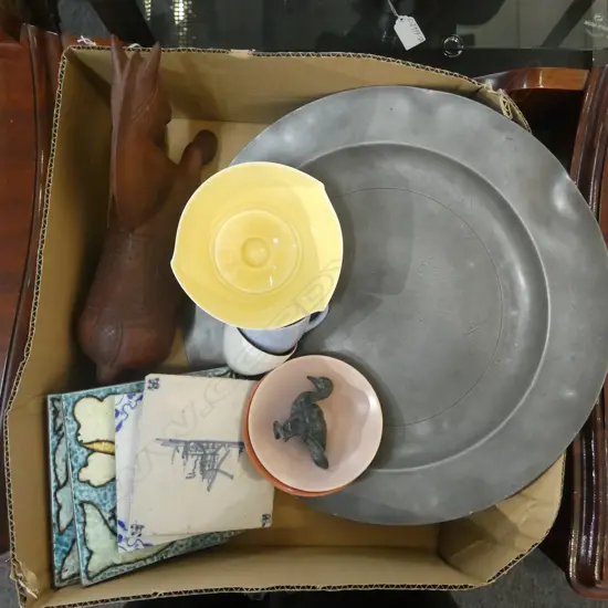 ASST. COLLECTABLES; ANTIQUE PEWTER PLATE, 2 POOLE c/s FAULTS, 2 OLD DUTCH B/W TILES, ETC