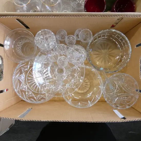 COLLECTION OF CRYSTAL 3 BOWLS DIA190MM 3 VASES  COMPORT HONEY POT GLASSES ETC
