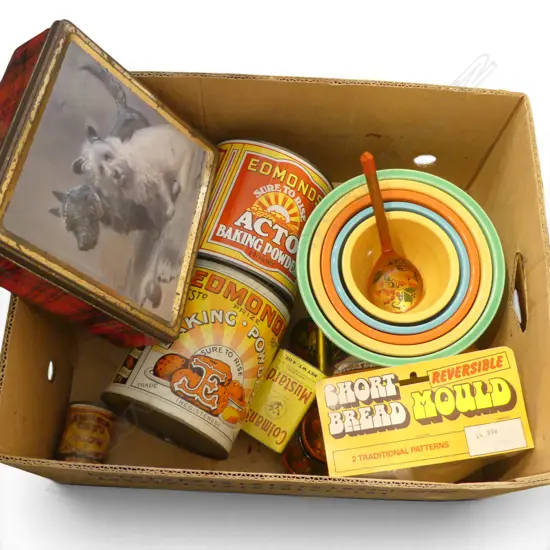 ASST. COLLECTABLES; TINS, SHORT BREAD MOULD, etc