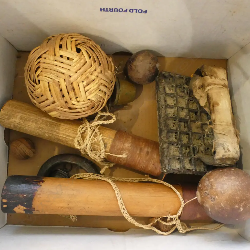 COLLECTION of ARTEFACTS: African bronze Dogon currency cuff + arrow heads in cases + Indo printing block + brass bucket  Image 1++