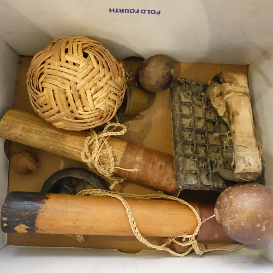 COLLECTION of ARTEFACTS: African bronze Dogon currency cuff + arrow heads in cases + Indo printing block + brass bucket 