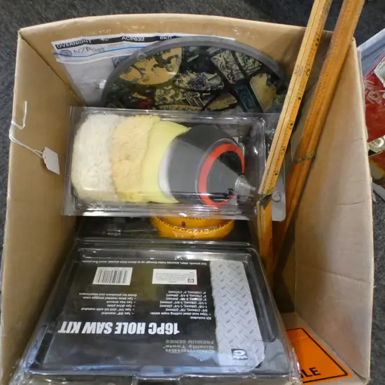 BOX LOT DIGITAL CAMERA HOLE SAW KIT  RULERS ETC