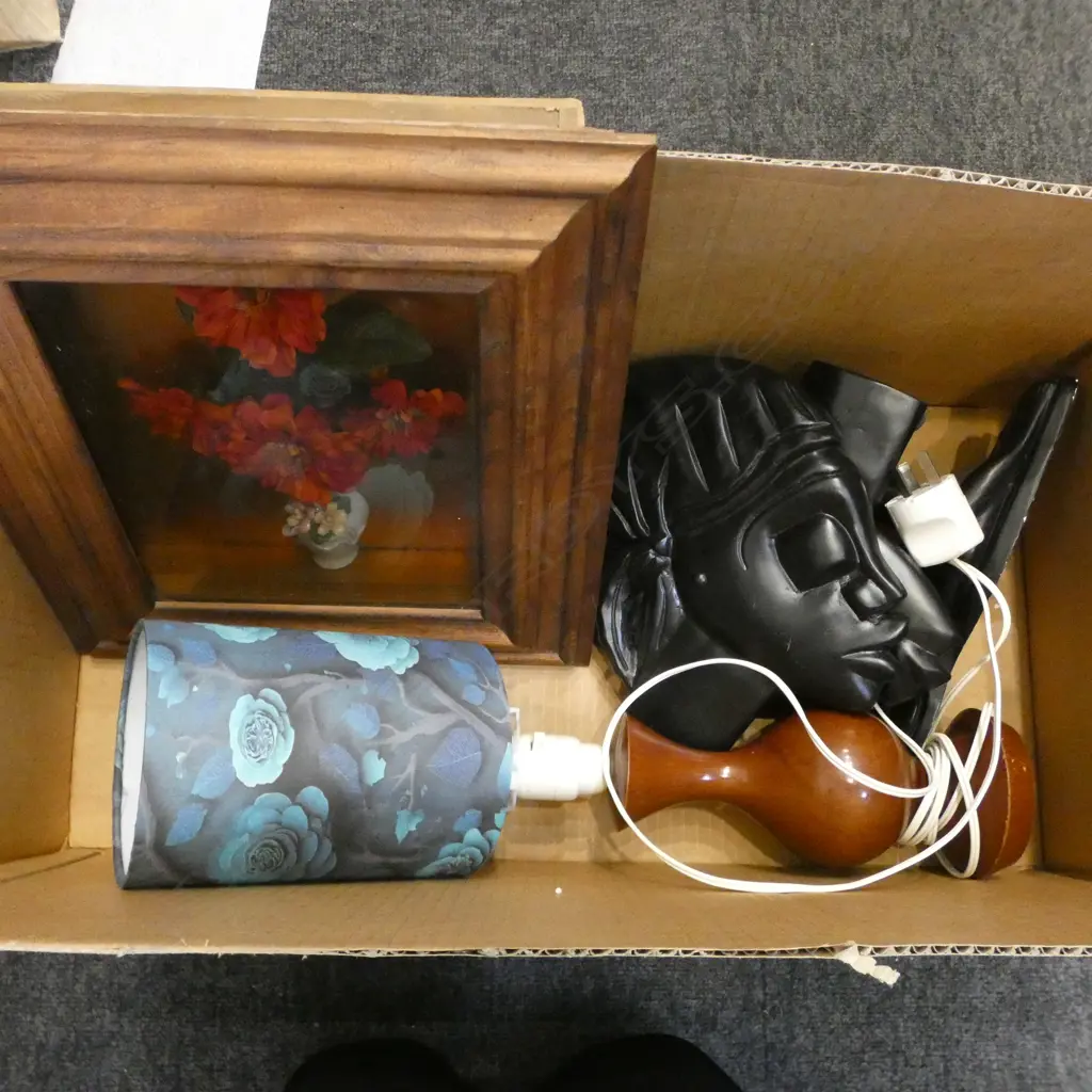 TURNED WOOD LAMP BASE, 3 AFRICAN PCES Incl. CHALKWARE & FRAMED ORIENTAL VASE 365x315mm Image 1++