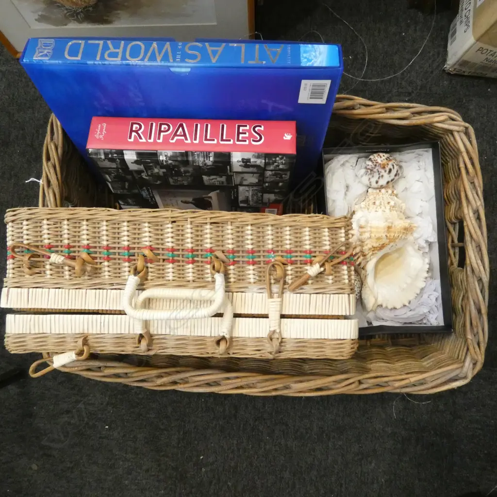 BASKET w. ATLAS & RIPAILLES COOK BOOK, PICNIC CASE, SHELLS Image 1++