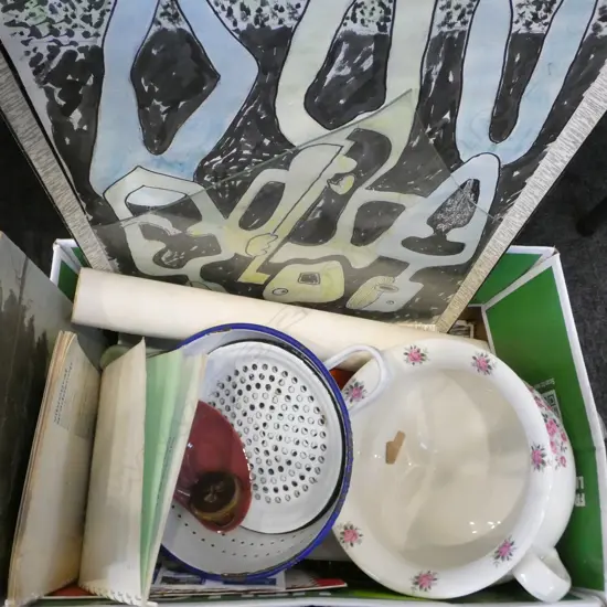 BOX LOT: ENAMEL ITEMS, PORCELAIN, GLASS AND OTHERS